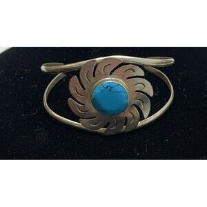 Vintage Mexico Silver Turquoise Flower Cuff Bracelet Wide Adjustable